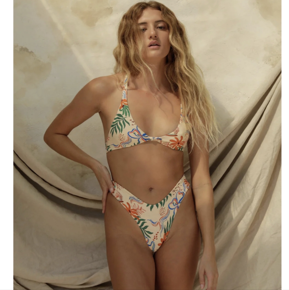 Stone Fox Swim Cream Bikini with Green, Orange & Blue Floral Print